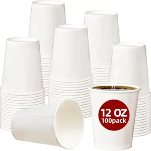 Paper Coffee Cups, 12 OZ Disposable Hot and Cold Cups, Leak-Proof White Cups for Coffee, Tea, Ideal for Home, Office, and Events (100 Count)