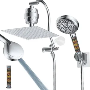 Hibbent All Metal 12'' Dual Filtered Rainfall Shower Head Combo, High Pressure Handheld Shower Head with 12'' Adjustable Curved Extension Arm, 20 Stage Shower Filter, 10-spray, 71'' Hose, Chrome
