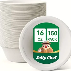JOLLY CHEF Compostable Disposable Paper Bowl [16 oz] Heavy Duty Soup Containers [150 Pack] Biodegradable Bagasse Hot Cold Food Eco-Friendly Sugarcane Microwavable Bowls for Salad Dessert Milk Cereals