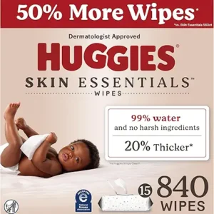 Huggies Skin Essentials Baby Wipes, Hypoallergenic, 99% Water, 15 Flip Top Packs (840 Wipes Total)