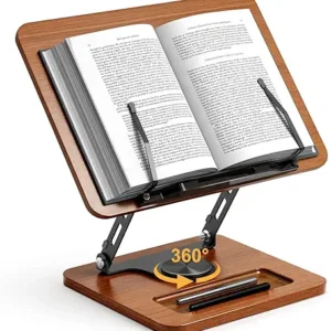Book Stand for Reading, 360° Rotating Hands Free Book Holder, Adjustable Height and Angle, Page Clip for Cookbook, Recipe, Magazine, Laptop,Tablet, Foldable for Kitchen, Office, School