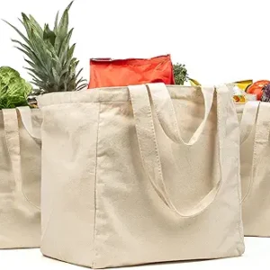 VeraMia Canvas Grocery Bag 3pc XL Set with Real Pockets, Long Shoulder Strap and Short Handle. Heavy Duty, Foldable, Washable