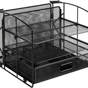 Basics Rectangular Desk Organizer 3 Tray w/Sliding Drawer and Hanging File Holder, Black